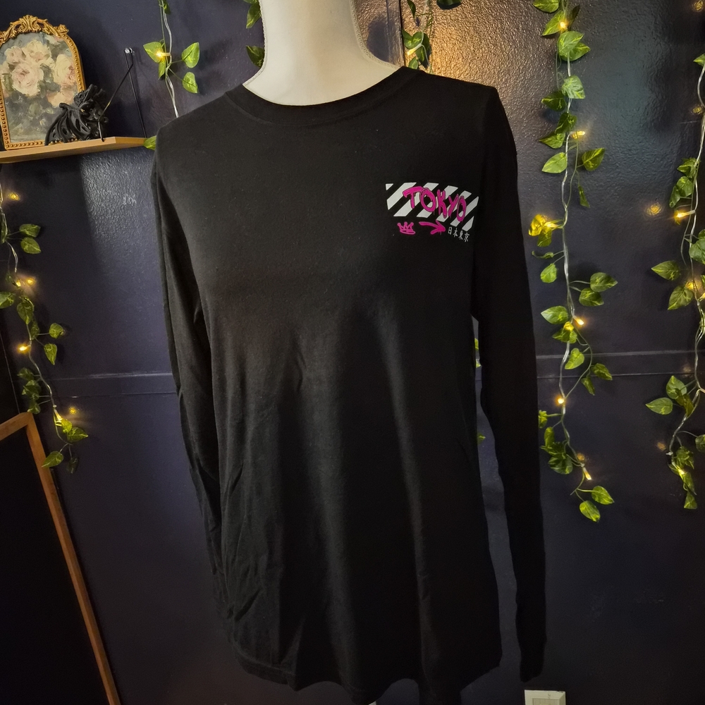 Black Long-Sleeve Graphic Tee with Pink Accent
